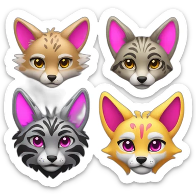 Coyote with grey and black fur, neon lights, ocelot with pink ears, clouded leopard, ocelot coyote hybrid with Phoenix wings sticker