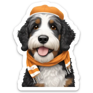 Bernedoodle with University of tennessee hat and scarf sticker