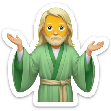 an old man, green eyes, long blonde hair, light green wide, flowing outer robe. opening arms, gazing thoughtfully. Soft light, subtle fern. Waist-up, profile. sticker