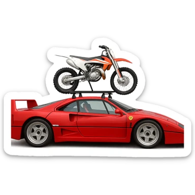 A Ferrari F40 with a single 125cc dirt bike mounted on a visible roof rack, dirt bike to proper scale, transparent background sticker