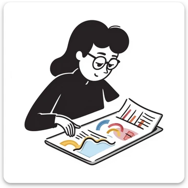 A woman wearing glasses and looking at data, in hand drawn doodle style. sticker