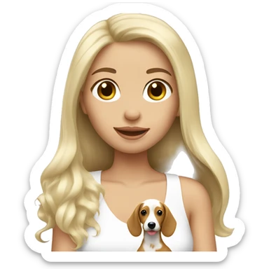 White long hair brunette girl holding blonde doxie sticker