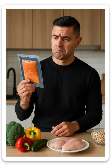 a man stands in his kitchen, holding a package of smoked salmon in one hand. He looks at it with a doubtful, slightly disapproving expression—eyebrows raised and lips pressed together. On the counter behind him, fresh vegetables and healthier protein options are visible, emphasizing his awareness of better choices. The mood is reflective and subtly critical. sticker
