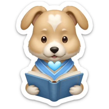 beige dog reading a sky blue book with a large white heart on its back sticker