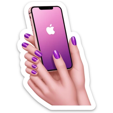 Hand with 5 fingers holding a pink iphone with purple shimmer manicure sticker