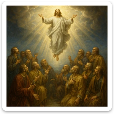Jesus ascending, surrounded by disciples below, sky splitting open with heavenly light, awe-inspiring and holy sticker