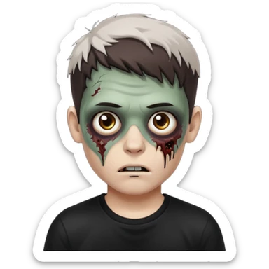 zombie white boy with dark brown edgar haircut and brown eyes (his skin is clear and white but with zombie scars) in black tee  sticker