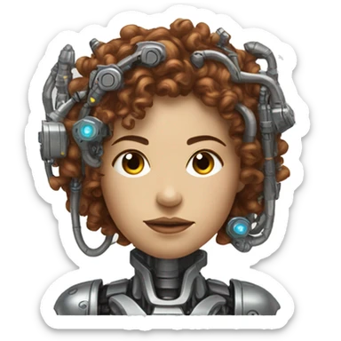 metal female cyborg head with brown curly hair and circuitry sticker