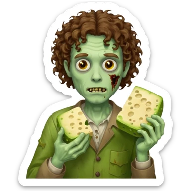 curly hair man zombie holding moldy cheese piece sticker