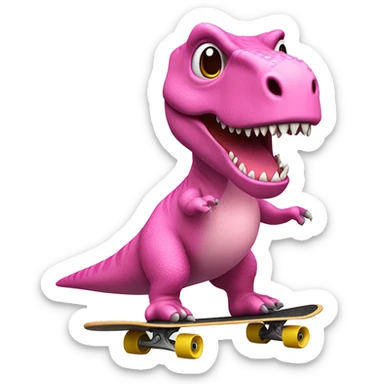 simplistic 3d emoji t-rex wearing a pink tutu riding a skateboard sticker