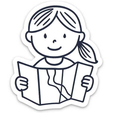 a girl holding a map, hand drawn outline style sticker