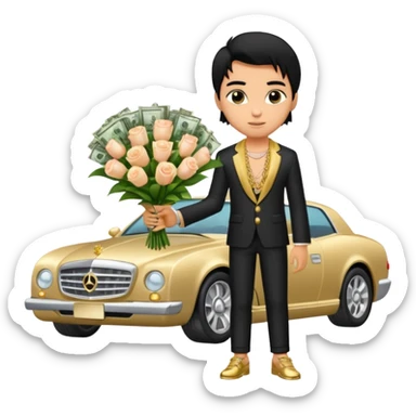 a pretty bratz boy with black hair, holding a bouquet made of money, car behind him sticker