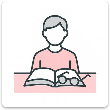A pink and gray flat illustration of a book open on a table with a pair of glasses. sticker
