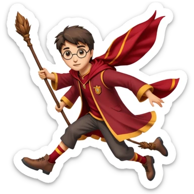 Cartoon-style illustration of Harry Potter flying on a broomstick, Gryffindor red and gold outfit, expressive face, dynamic motion, magical vibe, smooth shading, vibrant colors, no background, transparent background, isolated character. sticker