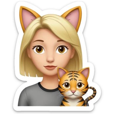 Une femme avec les cheveux dégradée, brun et blond, qui fait un câlin à son chat qui est gris, tigré avec les extrémités oreille patte et queue noir  sticker