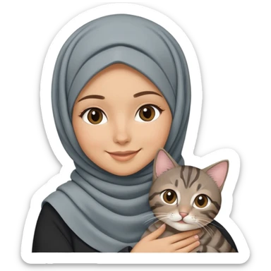 White girl wearing hijab holding a black grey tabby cat while smiling sticker