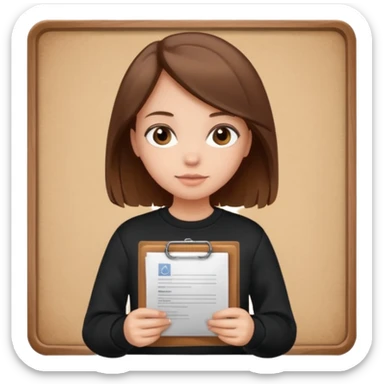 a girl with documents in her hands, in a black sweatshirt with brown hair with a square sticker