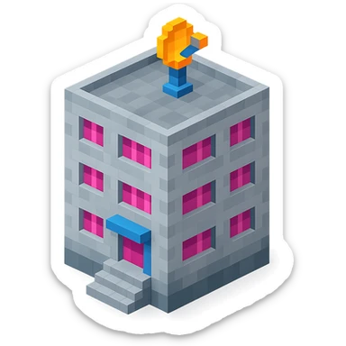 Russian panel apartment building, compact square block, light gray, pink windows, entrance with steps, satellite dish on rooftop, isometric view sticker