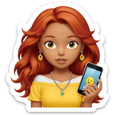 a pretty bratz girl with wavy red hair, wearing a yellow brazil jersey falling off her shoulder. silver dainty layered necklaces, carrying an iphone sticker