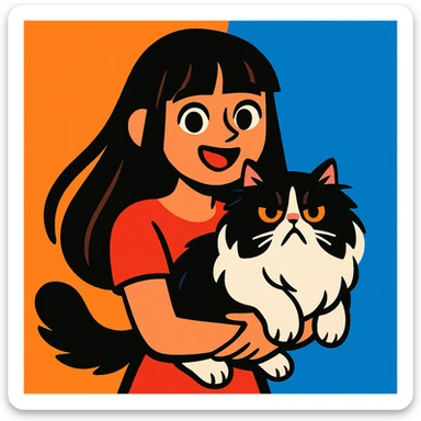 a girl with long dark brown, almost black hair with bangs, carrying a black and white fluffy Persian cat, visually appealing style sticker