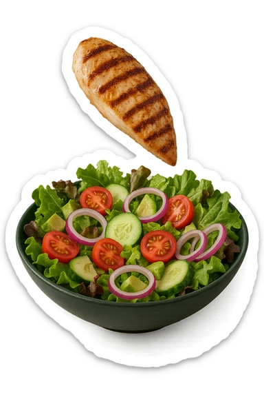 INSALATA CON PETTO DI POLLO GRIGLIATO CHE CADE DALL'ALTO, IPERREALISTICO 4K sticker