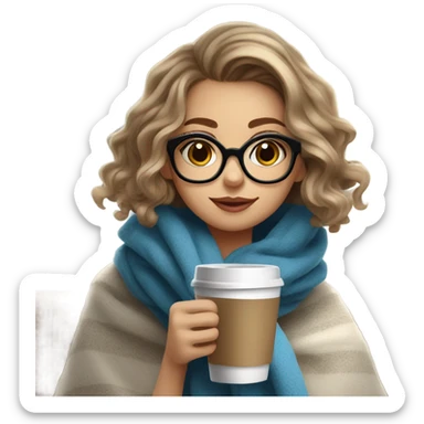 Balayage short hair Girl drinking coffee, with a cozy blanket wearing glasses with blue eyes beautiful  sticker
