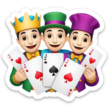 3 poker cards, with crazy colorful human jolly jokers inside, puppets in the hand sticker