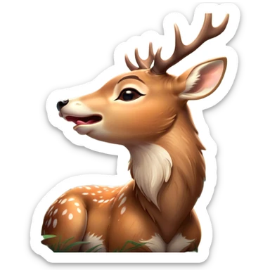 Cinematic Cute Yawning Deer Portrait Emoji, Head tilted slightly with a dramatic, wide-open yawn, revealing a soft, dappled Fur and elegantly drooping ears, eyes barely open in drowsy contentment, Simplified yet irresistibly adorable features, highly detailed, glowing with a soft, cozy glow, high shine, relaxed yet expressive, stylized with a touch of natural whimsy, bright and endearing, soft glowing outline, capturing the essence of a sleepy yet affectionate deer, so drowsy it feels like it could stretch right out of the screen and curl up for a nap! sticker