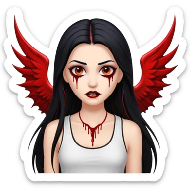 White woman with a white tank top long black hair glossy middle part long hair vamp look with fangs or blood dripping brown eyes eyeliner winged with lashes top and bottom sticker
