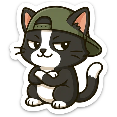 Make this cat a tuxedo cat with black and white fur, keep the playful chibi sticker style, with no background. sticker