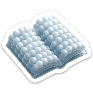 top view of a thick open book made entirely of small, very bright white fluffy convex clouds, matte glass style sticker