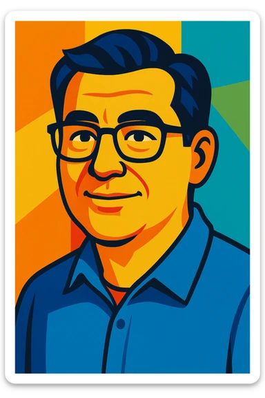 vibrant cartoon style portrait of a man about 50 years old, dark hair, wearing glasses sticker