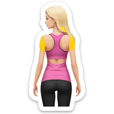 Render from knees up, view from the back, fair skinned woman, thin, long blond hair, cooking dinner in kitchen, pink loose tank top, showing natural B cup breast shape SFW, black yoga pants, perfect booty, looking back sticker