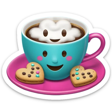 cup of coffee, steaming, the smoke should come out in the shape of a heart, the color of the cup is fuchsia, the cup has a happy face printed on it, the cup rests on a turquoise blue plate, and there are cookies and sugar cubes around the cup. sticker