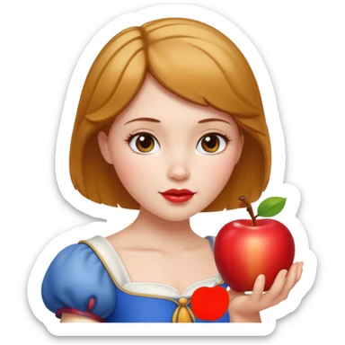 Create an emoji of Snow White holding a red apple, with short golden-brown hair. sticker