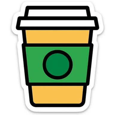 Starbucks coffee cup, flat vector style, green circle logo, simple and clean sticker
