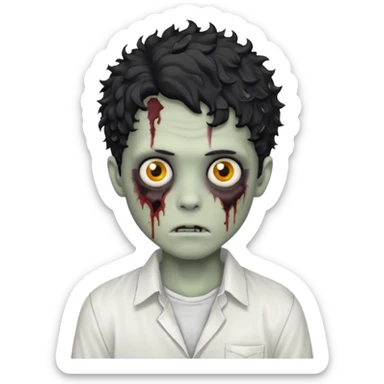 Zombie boy with black medium messy curly hair with white shirt  sticker