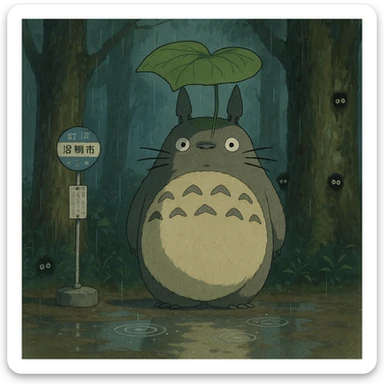 Totoro waiting at a misty forest bus stop, holding a giant leaf umbrella, while tiny soot sprites peek out from tree trunks nearby and raindrops ripple in puddles at his feet. sticker
