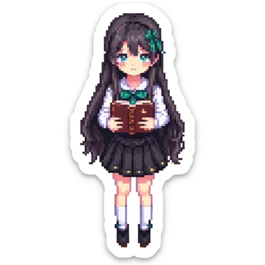Japanese anime schoolgirl with long hair holding a book in pixel art style sticker