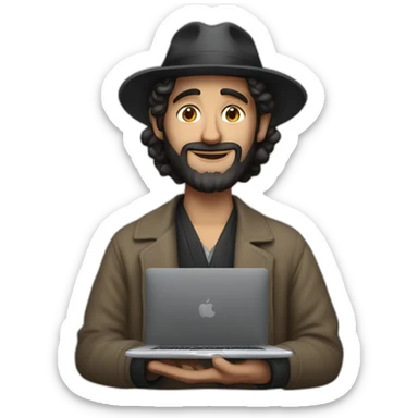 Jew with sidelocks holding a MacBook Pro sticker