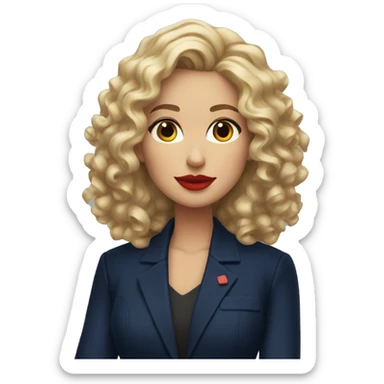 Professional woman with curly blond hair and red lipstick with a navy jacket sticker