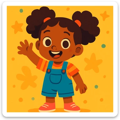 una niña morena de piel con ojos marrones y pelo afro, estilo ilustración colorida y amigable sticker