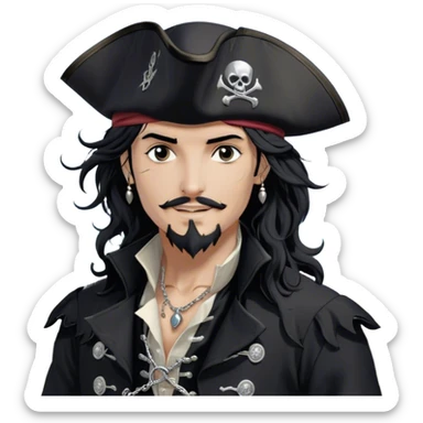 A charismatic pirate with wavy black hair tousled by the sea breeze. His black tricorn hat, embroidered with silver, casts a shadow over his confident features. Dark eyes glint with mischief as he gazes to the side, a knowing smile on his lips. His fitted black coat, adorned with silver buttons. A silver chain dangles from his belt sticker