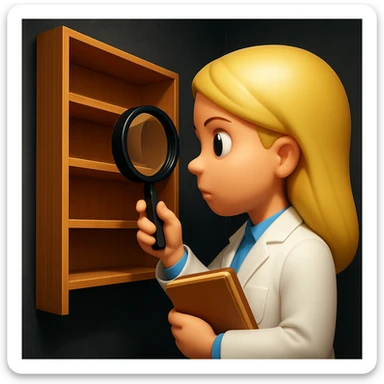 emoji of white empty shelf in perspective view with a standing woman nearby, she is looking at the shelfs with a magnifying glass, she is turned to the shelfs, emoji style, adjust the perspective to be more dramatic, with a different background sticker