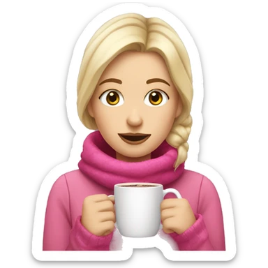 dirty blonde girl with hazel eyes drinking a hot chocolate with pink coloured winter clothes  sticker