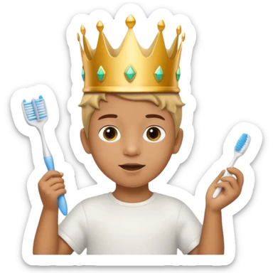 Creat an emoji for child with wearing small crown and flying holding toothbrush sticker