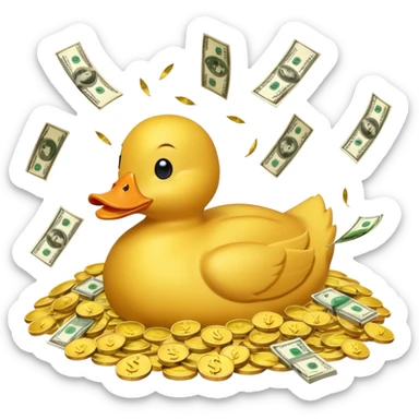 Yellow duck swimming in a pile of gold coins and dollar bills sticker