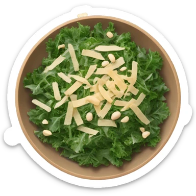 Shredded kale topped with pine nuts and shredded cheese in a large salad bowl sticker