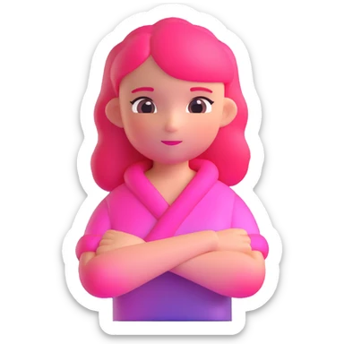 Shy girl character with arms crossed, transparent glass style, bright pink gradient, soft shadows and highlights, minimalist cute design sticker