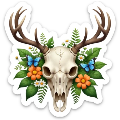 Elk skull with plants, flowers, butterflies  sticker